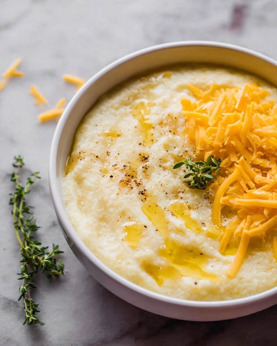 A white bowl filled with creamy light yellow grits, topped with a drizzle of melted butter creating shiny golden streaks. On one side, there is a small pile of shredded cheddar cheese in a bright orange-yellow color. A fresh sprig of green herbs lies beside the cheese, adding a touch of color contrast. The bowl sits on a white marbled surface. Photo taken with an iphone --ar 4:5 --v 7
