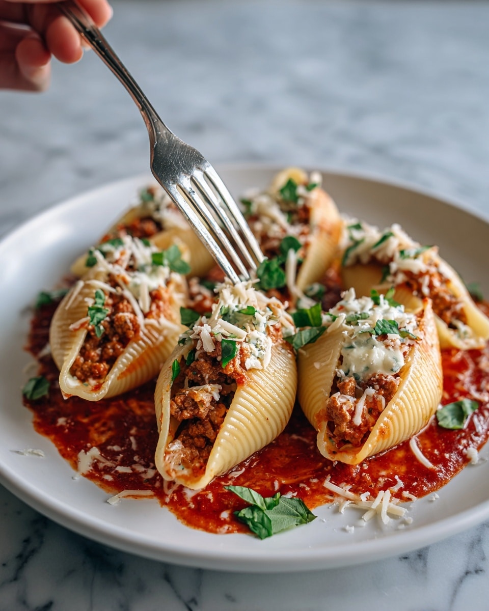 A white plate holds three large pasta shells filled with a mixture of creamy ricotta, ground meat, and green spinach. Each shell is topped with bright red tomato sauce and melted white cheese strands, arranged on the shells and sauce. Small green basil leaves are scattered on top and around the shells. The plate sits on a white marbled surface. Photo taken with an iphone --ar 4:5 --v 7