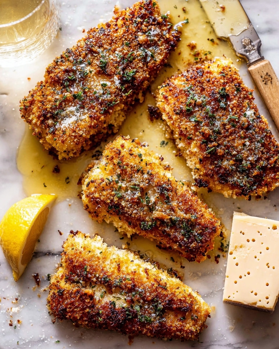 The image shows three pieces of breaded and baked fish fillets arranged side by side on a white marbled surface. Each fillet has a golden brown, textured crust mixed with herbs and crispy crumbs, with a shiny glaze of olive oil or butter pooling underneath and around them. On the right side, there is a lemon half showing its bright yellow inside, next to a fork with its tines pointing downwards. In the bottom right corner, a rectangular piece of Parmesan cheese with a patterned rind is partially visible, resting on some scattered crumbs. The lighting highlights the textures and colors, making the dish look fresh and inviting, photo taken with an iphone --ar 4:5 --v 7