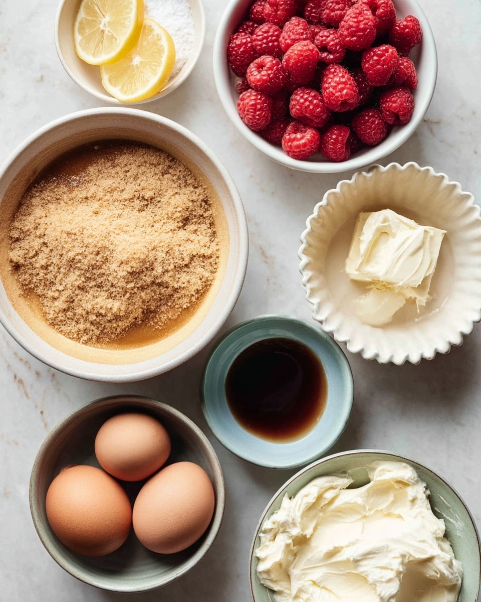 A top view of several small white bowls, each with different ingredients arranged on a white marbled surface: one bowl holds fresh, red raspberries filling it up, another larger bowl is filled with a smooth light brown liquid topped with a sandy textured brown sugar layer in the middle and edges, a small white bowl contains two lemon wedges, a scalloped white bowl has three brown eggs, a tiny light blue bowl holds dark brown vanilla extract, and a white bowl has thick cream cheese with creamy and soft texture piled loosely. Photo taken with an iphone --ar 4:5 --v 7