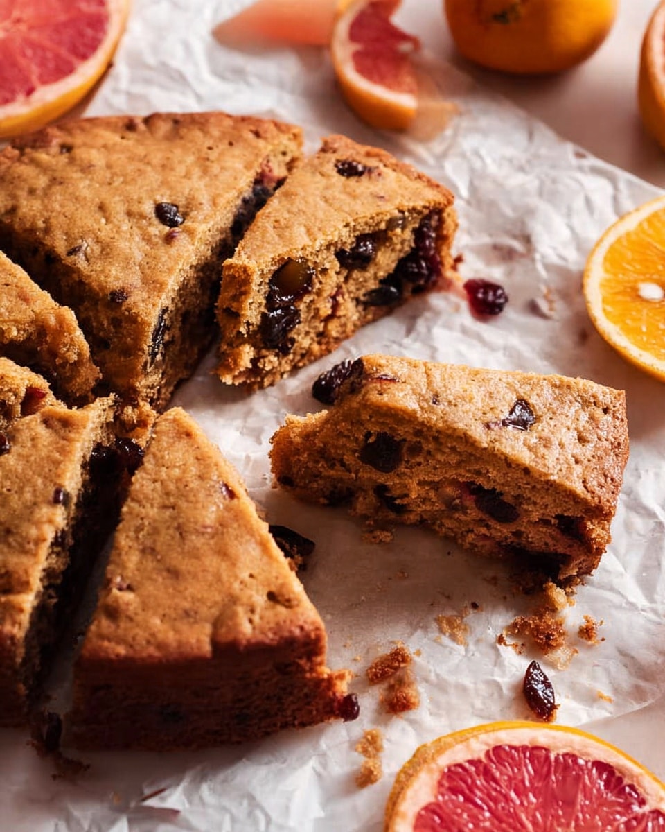 A close-up view of a round cake cut into six pieces, with one piece slightly pulled out showing a soft, crumbly texture filled with dark dried fruit pieces inside. The top layer is light brown and looks smooth with small cracks. The cake sits on crumpled white parchment paper, scattered with crumbs. Around the cake, there are bright pink grapefruit and vibrant orange slices placed on a white marbled surface, adding fresh color contrast. Photo taken with an iphone --ar 4:5 --v 7