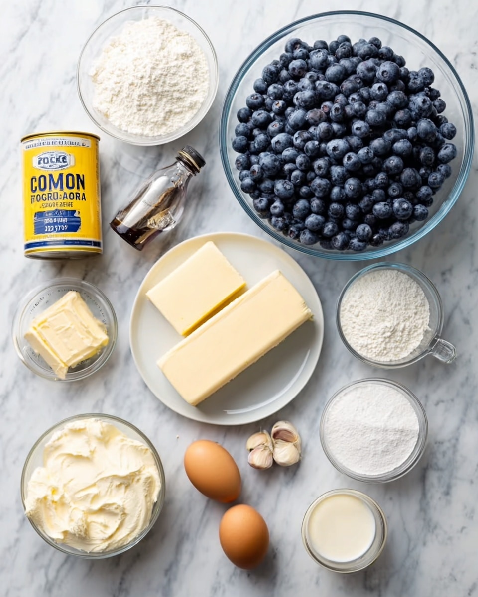 A flat lay of baking ingredients arranged neatly on a white marbled surface, including a large clear glass bowl filled with fresh blueberries, a container of sour cream, a yellow tin of cornstarch, a plate with two packs of cream cheese stacked, a stick of butter on a small dish, two eggs, a small bowl with a clove of crushed garlic, a bottle of vanilla extract, a small glass cup with cream, and a bowl of sugar. All items are organized in a clean, orderly fashion, showing a mix of colors from the deep blue of blueberries to the creamy white and soft yellow of dairy products, with the white marbled background brightening the whole setup. photo taken with an iphone --ar 4:5 --v 7