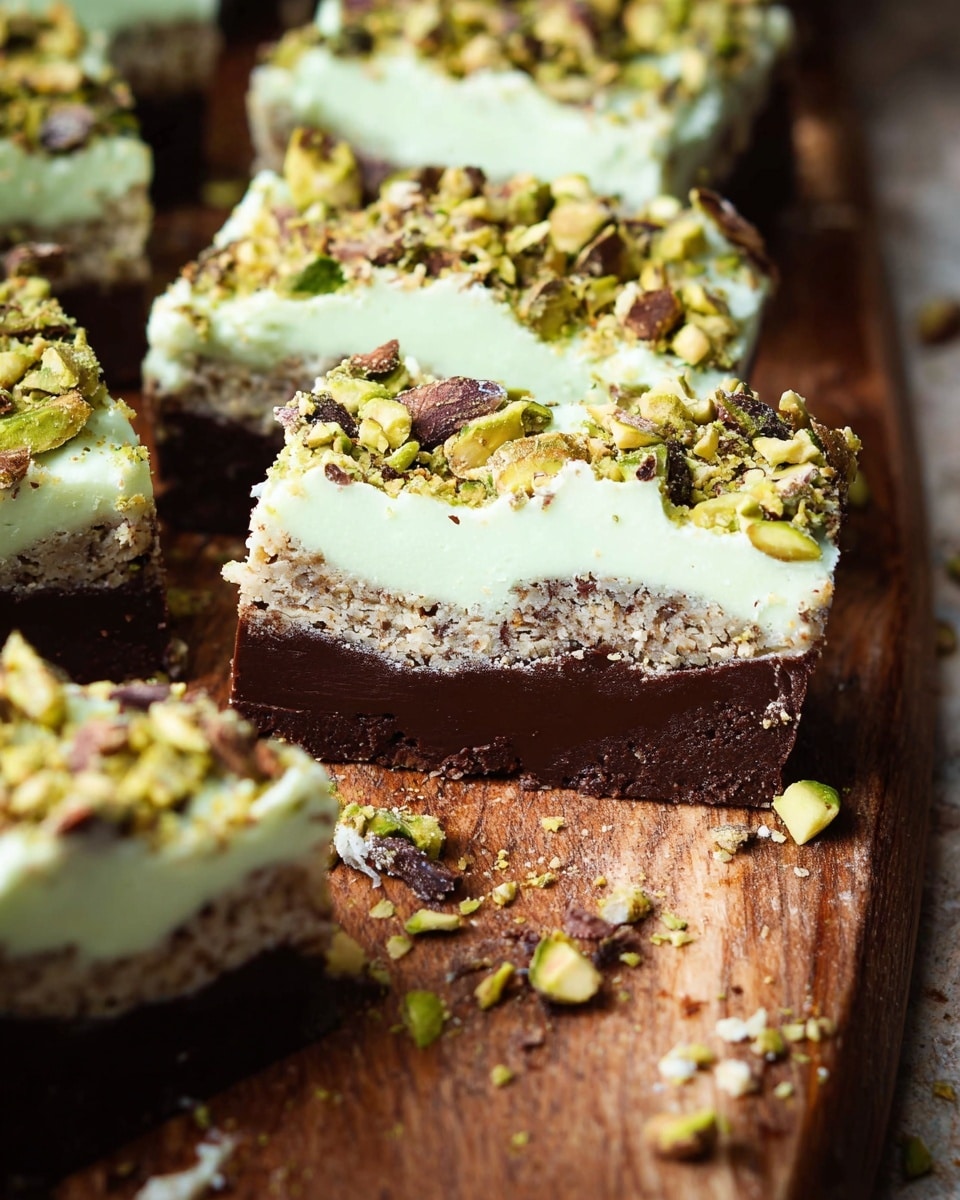 The image shows several thick bars placed closely on a dark wooden surface that contrasts with the white marbled background. Each bar has three clear layers: the bottom layer is dark brown and looks rich and firm, the middle layer is light and crumbly with bits of dark chunks inside, and the top layer is a smooth pale green cream topped with scattered small pieces of chopped nuts giving texture and color contrast. The bars have clean-cut edges and a few crumbs are around them. The photo taken with an iphone --ar 4:5 --v 7