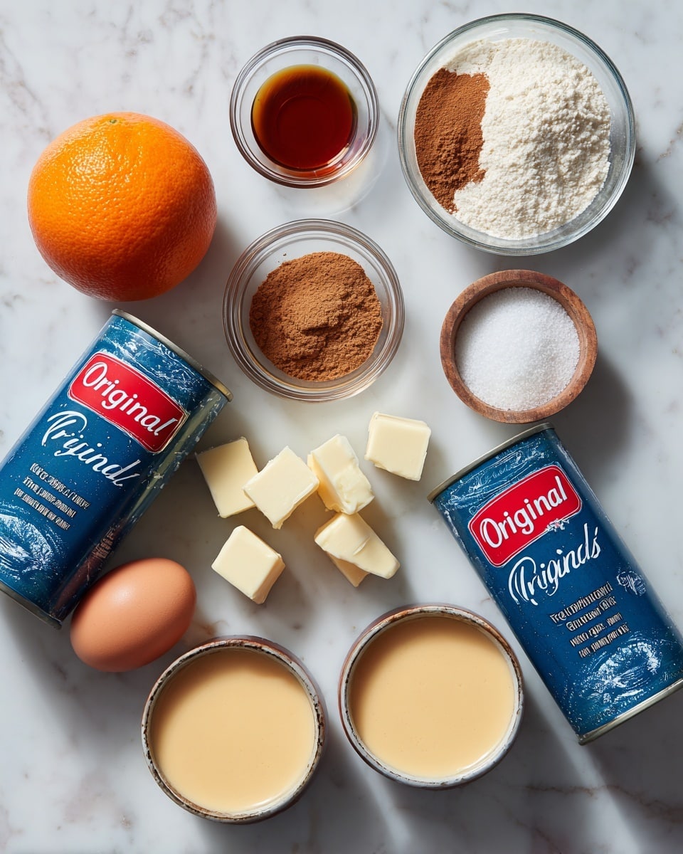The image shows various baking ingredients laid out on a white marbled surface. There is one whole orange placed near two blue cylindrical cans with red tops labeled