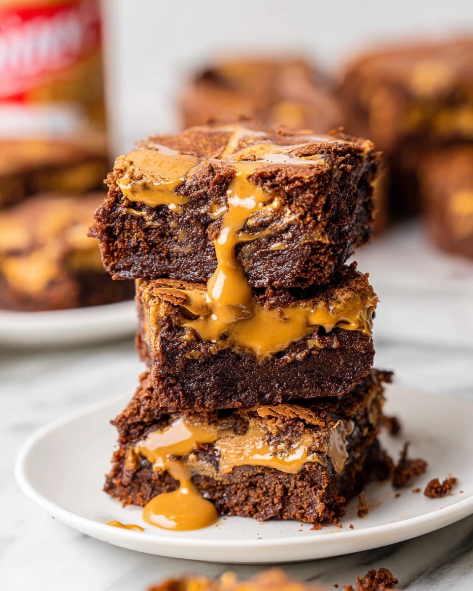 A stack of three chocolate brownies with thick peanut butter swirled in between and on top shows a rich, fudgy texture with a slightly cracked top layer. The brownies are a dark brown color with smooth, creamy peanut butter in golden tan, creating a melted and glossy contrast that oozes slightly down the sides. The stack sits on a white plate placed on a white marbled surface, with some crumbs and small peanut butter spots around it. The background is softly blurred, showing more stacked brownies. Photo taken with an iphone --ar 4:5 --v 7