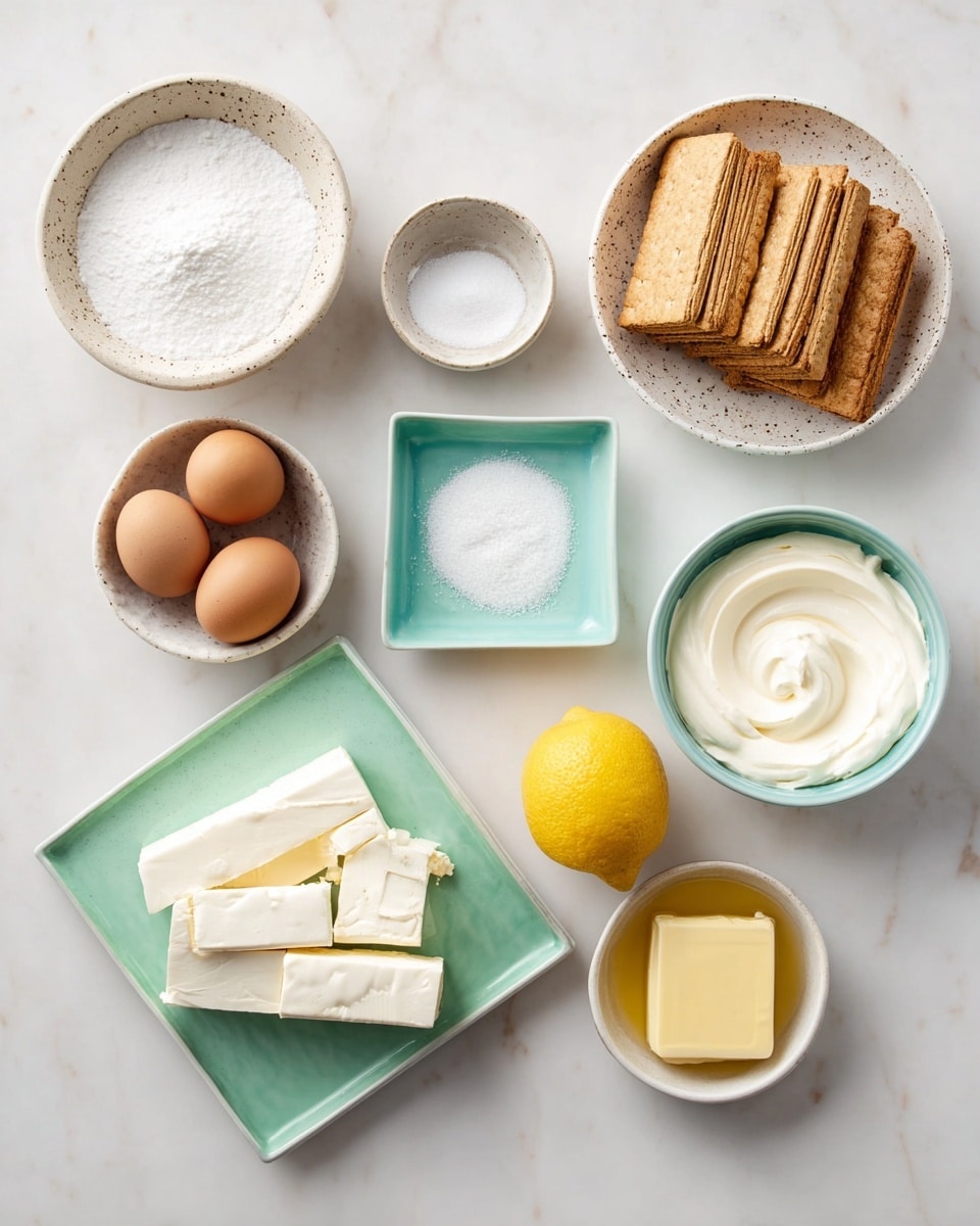 The image shows eight bowls and plates on a white marbled surface, each holding different baking ingredients. At the top right, a white speckled bowl holds many rectangular, light brown crackers neatly stacked. To the left of it, a larger white speckled bowl contains fine white sugar with a smooth surface. Below that, a smaller white speckled bowl holds four brown eggs. Next to the eggs is a small pale turquoise bowl with some granulated white sugar. Below those, a square pale green tile holds a fresh lemon. To the left, a light turquoise plate has several large blocks of cream cheese, with smooth, slightly crumbly texture and a white color. Above that plate, a pale turquoise bowl contains thick white cream swirled smoothly. Left of it, a small green square dish has white salt. Below it, a small light brown bowl holds melted yellow butter. All items are evenly spaced and neatly arranged. Photo taken with an iphone --ar 4:5 --v 7