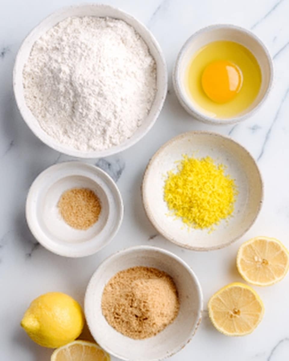 A top-down view shows six small white bowls arranged on a white marbled surface. One bowl contains white flour with a soft texture, another holds a bright yellow egg yolk in a white bowl, while a third has light brown sugar crystals. A fourth bowl has a small mound of bright yellow lemon zest, and two lemon halves rest nearby showing their soft yellow inside and textured peel. The scene is neat and bright, highlighting the different ingredients with clear details of their colors and textures. Photo taken with an iphone --ar 4:5 --v 7