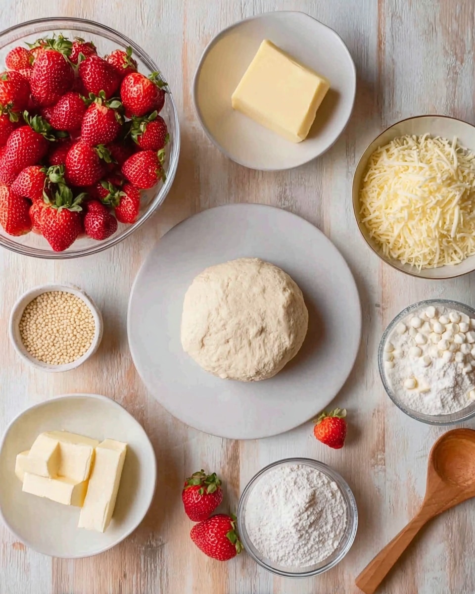 A flat white plate holds a round base of light beige dough with a slightly rough texture in the middle of the image. Around it, from left to right, there is a large clear glass bowl filled with bright red strawberries with green leaves on a wooden table, a small white bowl with a block of pale yellow butter, another small white bowl with white granulated sugar, a tiny white bowl containing small beige beads, and a cluster of three fresh strawberries near the center bottom. On the right side, a small white bowl has another block of pale yellow butter, next to it is a tiny white bowl of white powdered sugar, a small white bowl filled with shredded pale yellow cheese, and a clear glass bowl filled with small white beads, possibly white chocolate chips. A wooden spoon is at the bottom right corner. The whole setup is on a white marbled background with a warm soft light. photo taken with an iphone --ar 4:5 --v 7