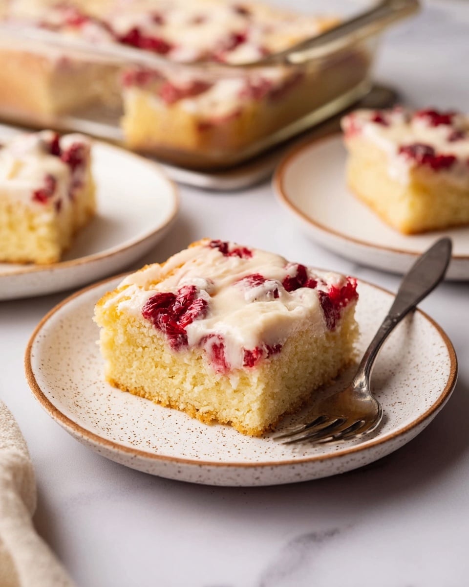 A single square piece of yellow cake with a creamy white layer on top, scattered with pieces of red fruit, sits centered on a small white plate with speckled detail. The top layer looks soft and smooth with visible chunks of fruit. A silver spoon lies next to the cake on the plate. In the background, more slices of the same cake rest on another white plate and inside a glass baking dish, all placed on a white marbled surface. Photo taken with an iphone --ar 4:5 --v 7