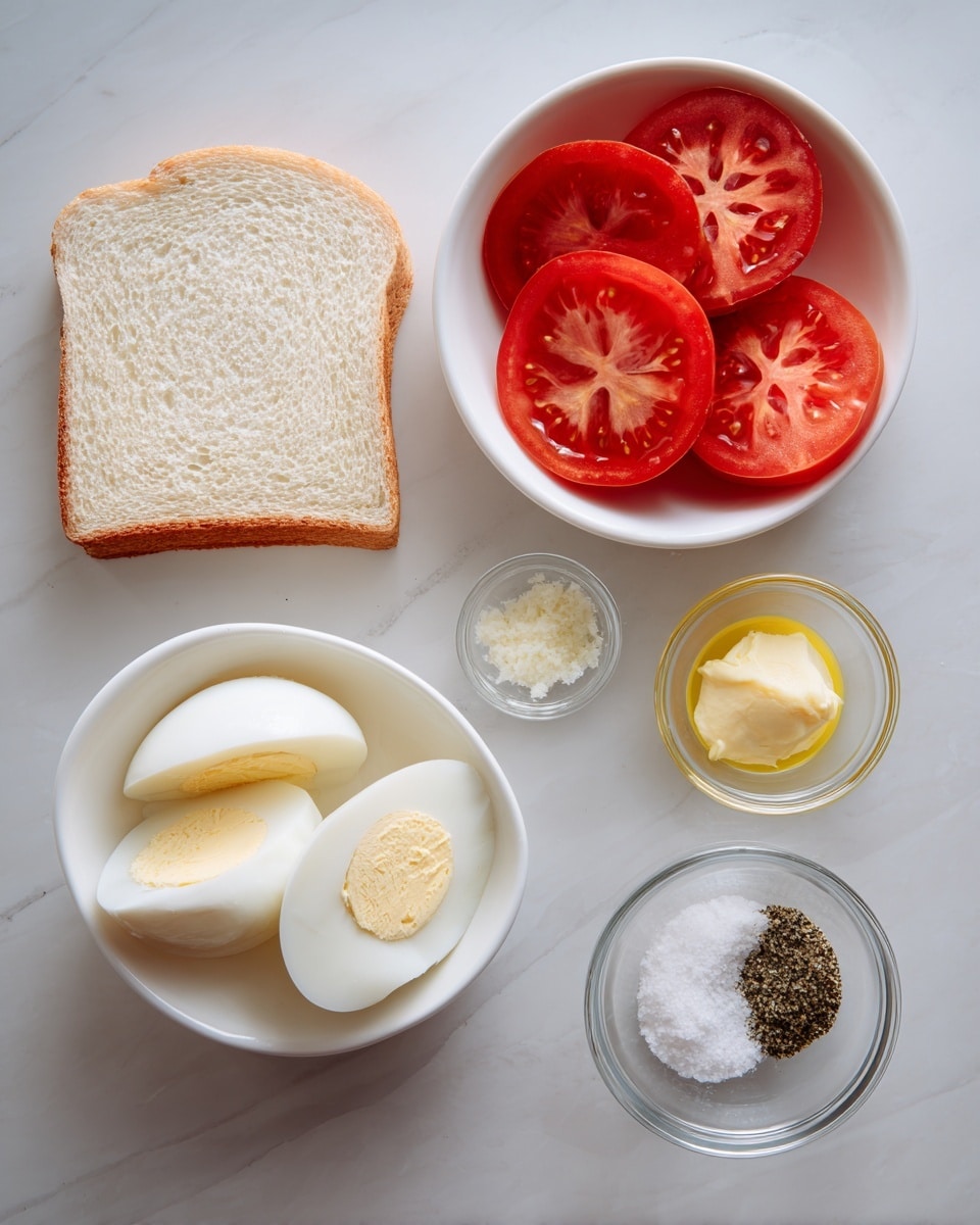 The image shows a white marbled surface holding six containers with food ingredients. In the center left, there is one slice of white bread with a light brown crust. Above the bread, a white bowl holds four thick red tomato slices with visible seeds and juicy texture. Below the bread, another white bowl contains four slices of hard boiled egg with smooth white edges and a pale yellow center. To the right of the bread, three small clear glass bowls hold different ingredients: the top one has a dollop of yellow butter with a soft texture, the middle one has coarse white salt, and the bottom one holds ground black pepper. The overall setup looks simple and clean. Photo taken with an iphone --ar 4:5 --v 7