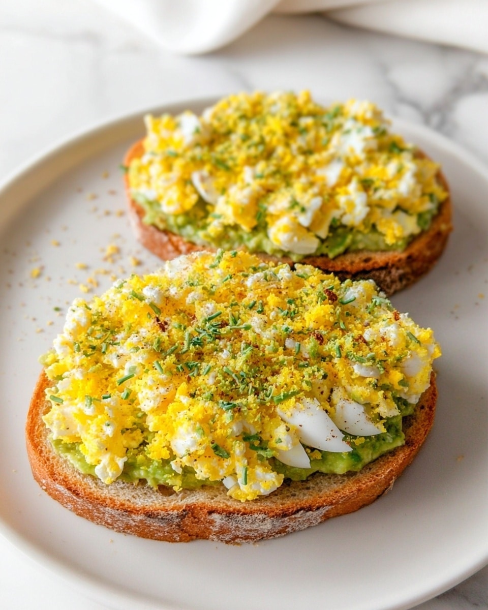 Two slices of toasted bread sit on a white plate over a white marbled surface. Each slice has a bottom layer of green avocado spread, topped with a thick layer of finely grated boiled egg, showing bright yellow yolk bits and white egg pieces mixed together. The egg layer is sprinkled with small green herb flakes and a little black pepper. The toast edges are golden brown and crisp. Photo taken with an iphone --ar 4:5 --v 7