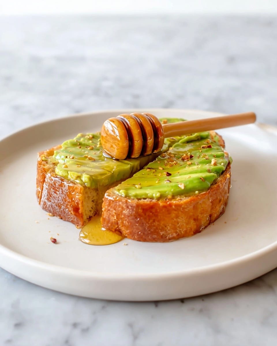 A thick slice of toasted bread with a golden brown crust sits on a white plate, topped with a layer of mashed green avocado spread evenly across the surface; a wooden honey dipper rests on top, with shiny honey drizzling down over the avocado and bread, visible in the center where the slice is slightly cut, all placed against a white marbled background photo taken with an iphone --ar 4:5 --v 7
