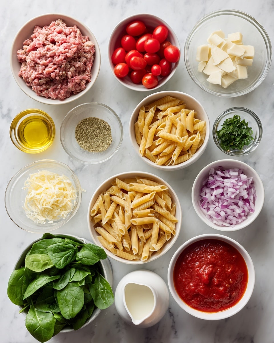 This image shows eleven white bowls and one glass jar arranged on a white marbled surface, each holding different cooking ingredients. Starting from the top left and moving clockwise, there is raw ground meat with a light pink color and soft texture; next to it, a bowl of halved cherry tomatoes showing bright red juicy interiors. A small glass bowl holds golden olive oil, beside it, a small white bowl with fine white salt. Below this is a white small pitcher filled with creamy white milk. A small bowl contains shredded pale yellow cheese, followed by grated pale yellow Parmesan cheese in another small bowl. Chopped fresh green basil is placed in a tiny bowl. In the center is a medium bowl filled with whole wheat penne pasta, light brown in color and dry. Next to it is a bowl of finely chopped red onions with a mix of purple and white colors. Near the center top is a bowl with thick red tomato sauce, and beside it a small bowl of dried green herbs. Finally, a large bowl of fresh green spinach leaves with smooth texture sits at the bottom left. A glass jar containing golden broth is near the center. Photo taken with an iphone --ar 4:5 --v 7