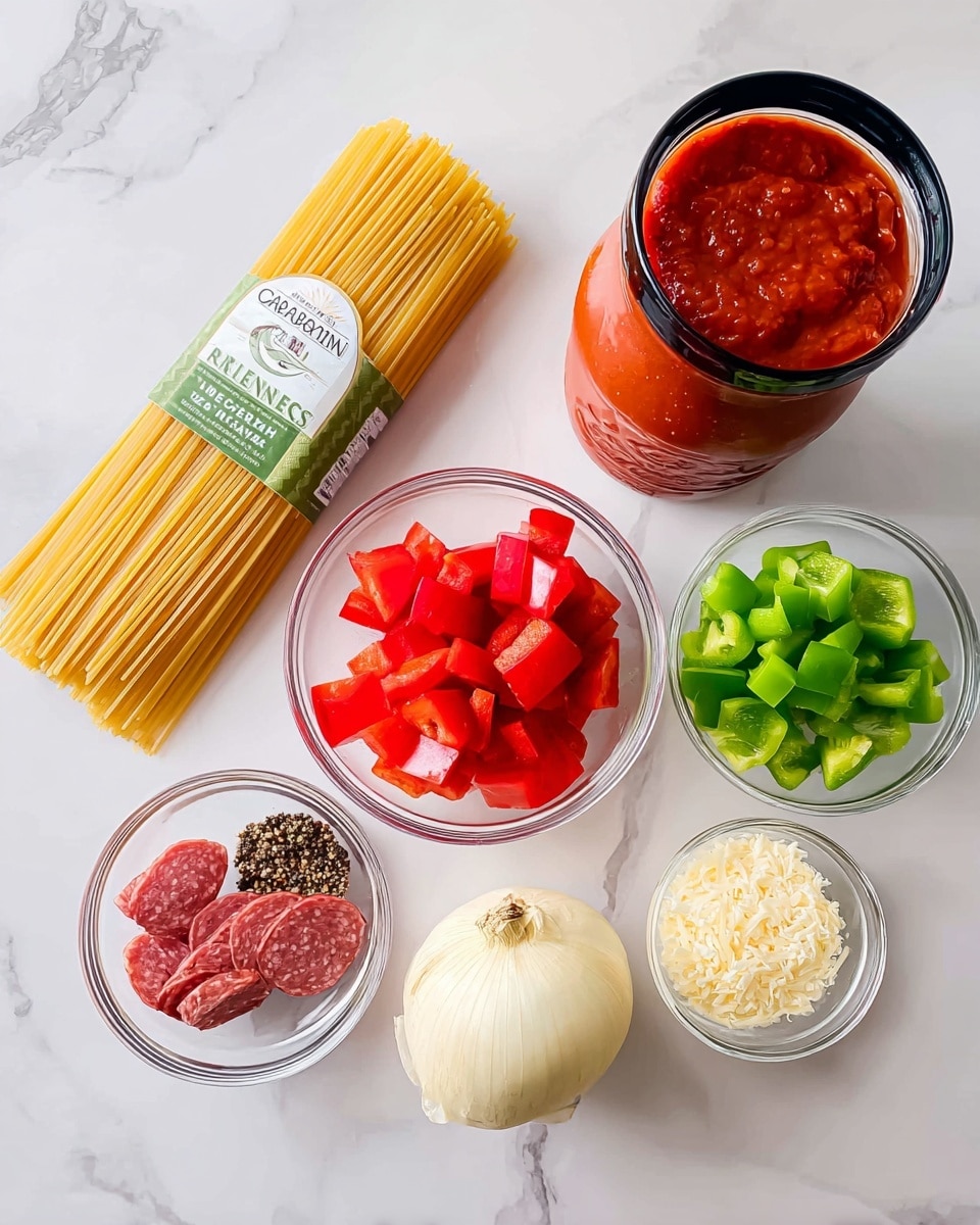 The image shows a group of ingredients placed on a white marbled surface. There is a bundle of uncooked organic spaghetti pasta with yellow color and a green label on the left side. To the right is a large jar of bright red organic marinara sauce with a black lid. Below the pasta are a whole yellow onion and a white garlic bulb. Three small clear glass bowls hold different ingredients: diced green bell peppers, cubed red pepperoni, and grated parmesan cheese with a pale yellow color. A very small glass bowl contains mixed black pepper, white salt, and red pepper flakes. All items are arranged neatly and clearly visible. Photo taken with an iphone --ar 4:5 --v 7