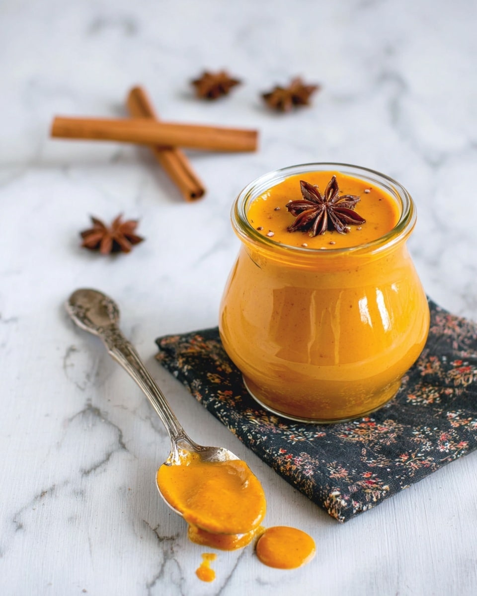 The image shows a clear glass jar filled with a smooth, thick orange mixture, topped with a star-shaped brown spice. The jar sits on a small, dark cloth with a light floral pattern, placed on a white marbled surface. Next to the jar, a vintage silver spoon holds some of the same orange mixture, with a small amount spilling onto the surface. In the background, there are two cinnamon sticks and several star-shaped spices arranged on the white marbled surface. photo taken with an iphone --ar 4:5 --v 7
