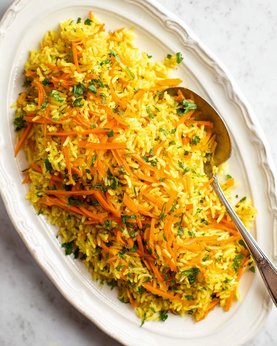 The image shows a white oval plate filled with yellow rice mixed with thin orange carrot strips, all topped with small green herb pieces. A silver spoon is placed on the right side of the plate, slightly buried in the rice. The plate sits on a white marbled surface, and the whole scene looks bright and fresh. photo taken with an iphone --ar 4:5 --v 7