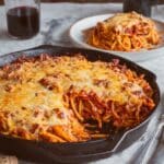 One Skillet Spaghetti with Ground Turkey, Tomatoes, and Melty Cheeses Recipe