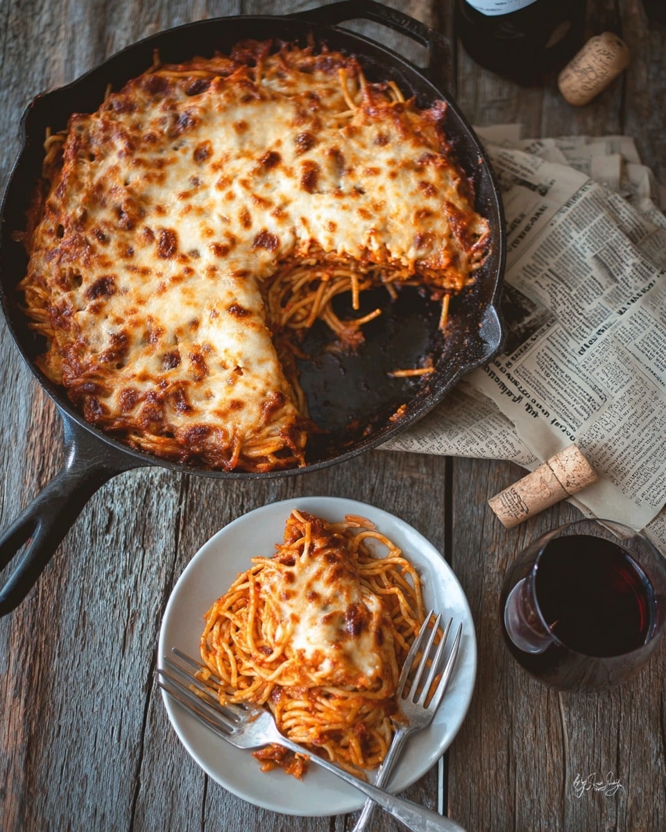 A black cast iron skillet filled with a round baked pasta dish that has a thick top layer of melted and browned cheese in golden and light brown colors, with strands of spaghetti peeking through underneath. One slice is missing from the pan, showing the orange-red tomato sauce mixed with noodles below the bubbly cheese layer. On a white plate near the skillet is a single serving of the baked pasta with the same melted cheese layer on top and orange-red noodles underneath. The plate is on a rustic wooden surface with a fork, a piece of newspaper, a cork, and a glass of red wine nearby. Photo taken with an iphone --ar 4:5 --v 7