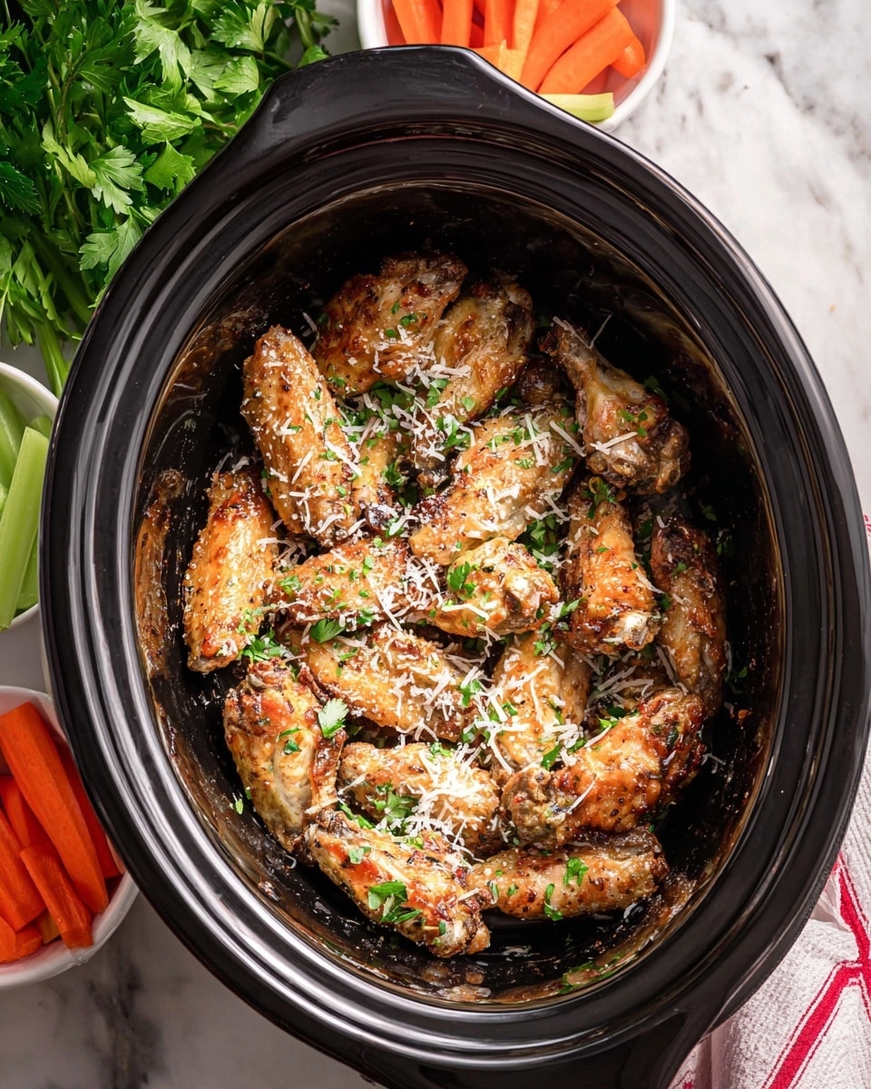A black slow cooker filled with about two layers of golden brown chicken wings, each wing covered with small bits of white shredded cheese and green chopped herbs scattered on top. The wings have a textured, slightly crispy skin with visible seasoning. Around the slow cooker, there are fresh green parsley leaves on the top left and raw carrot sticks, celery sticks on a white marbled surface. A white bowl and a red and white striped cloth are partly visible at the bottom right. The photo taken with an iphone --ar 4:5 --v 7