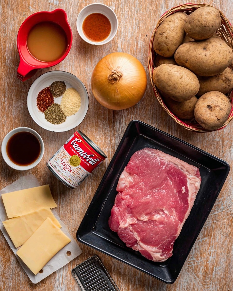 The image shows various ingredients laid out on a wooden surface with a white marbled texture. There is a flat piece of raw pink meat with some white fat on the edges, placed in a black tray at the bottom right. Above the meat is a whole yellow onion, and to its left is a small round white bowl filled with mixed dried spices in different colors like brown, red, and green. Above the spices, there is a small white bowl with a reddish sauce and next to it on the left is another small white bowl with a dark brown liquid. At the top left corner, there is a red measuring cup filled with a light brown liquid. To the right of the red cup is a basket filled with several brown potatoes. A can of Campbell's cream of mushroom soup lies diagonally near the center, and at the bottom left, two slices of pale cheese with bits of red seasoning sit on a metal grater. Photo taken with an iphone --ar 4:5 --v 7