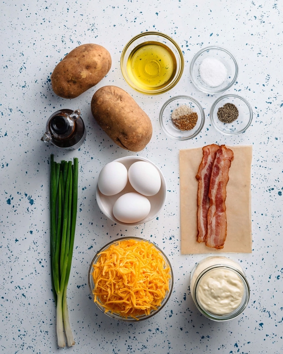 This image shows a flat lay of cooking ingredients placed on a white marbled surface with blue specks. There are two whole brown potatoes next to a small glass bowl of light yellow oil at the top center. To the right of the potatoes, there are two small clear glass bowls, one with white salt and the other with black pepper. Below the spices is a strip of raw bacon resting on light brown parchment paper. On the left side, there are three green onions lined up vertically and a dark glass bottle with black cap next to the potatoes. Below the onions is a white bowl holding four white eggs. At the bottom center is a clear bowl filled with bright orange shredded cheddar cheese, and next to it, a small glass jar full of creamy white sour cream. The photo taken with an iphone --ar 4:5 --v 7