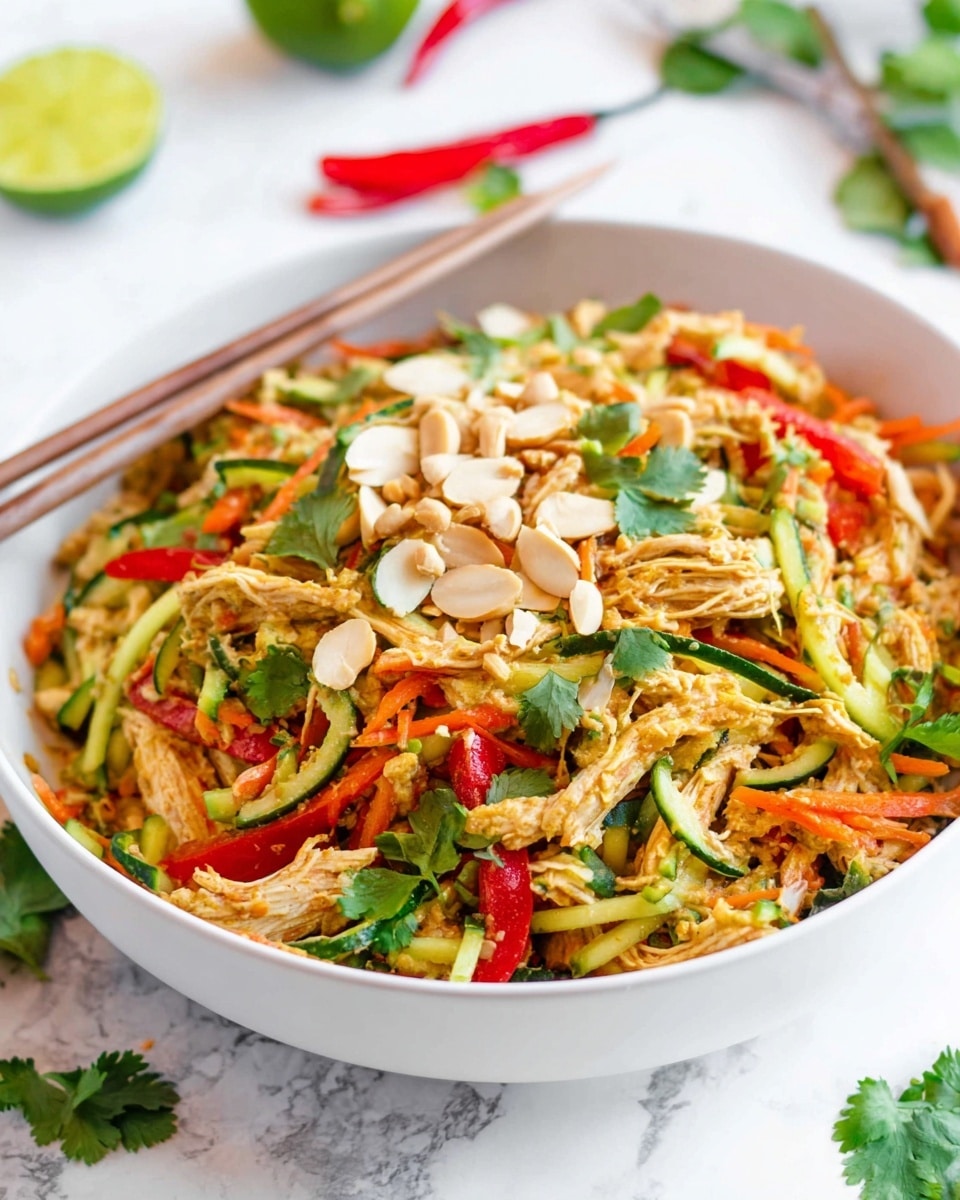 A white bowl filled with a colorful mix of shredded chicken, thin cucumber sticks, orange carrot strips, and red bell pepper pieces, all tossed together with fresh green cilantro leaves and topped with almond slices. The dish has a fresh and vibrant look with a variety of textures, from crunchy veggies to tender chicken, all lightly coated in a sauce. The bowl is set on a white marbled surface, with chopsticks resting across the top and a half lime and red chili pepper in the blurred background. Photo taken with an iphone --ar 4:5 --v 7