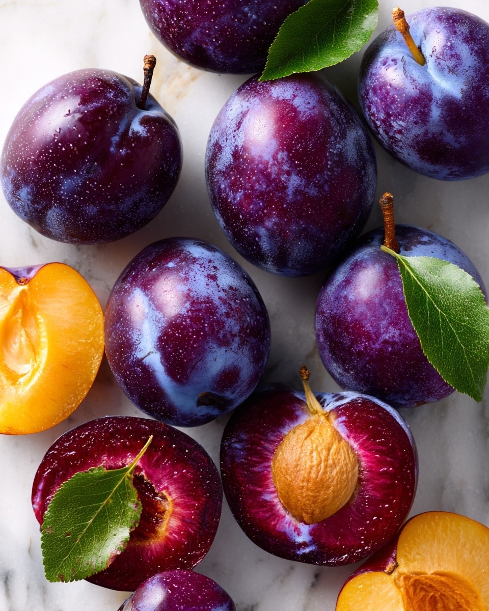 Several whole and halved purple plums with deep red flesh are spread out on a white marbled surface. The plums have smooth, slightly shiny skin with tiny specks and show fresh, rich colors from dark purple to bright reddish inside. A few green leaves and one orange fruit are next to the plums, adding a contrast of green and orange to the scene. The overall look is fresh and natural, focusing on the plums’ textures and rich colors. Photo taken with an iphone --ar 4:5 --v 7