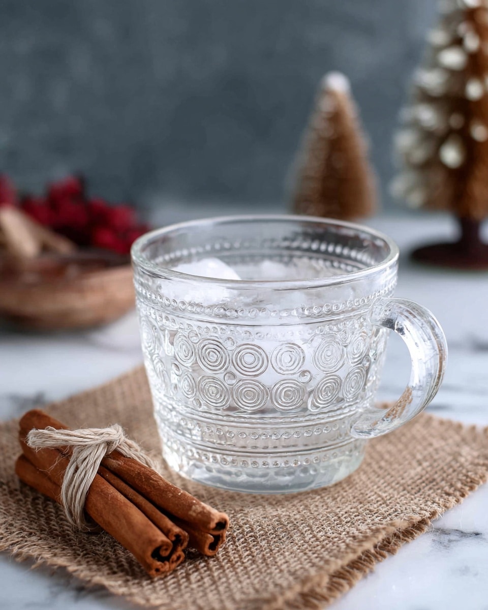 A clear glass cup with intricate circular and dotted patterns on its surface is filled halfway with ice cubes that shimmer with a cold, translucent white. The cup has a clear handle on the right side and sits on a piece of brown burlap fabric, which itself rests on a white marbled surface. To the left of the cup, there is a small bundle of cinnamon sticks tied together with a simple beige string. In the blurred background, faint shapes of small decorative pine trees hint at a cozy, festive setting. photo taken with an iphone --ar 4:5 --v 7
