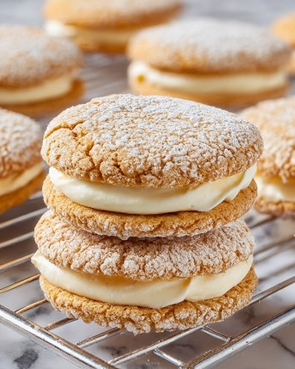 The image shows two cream-filled sandwich cookies stacked on a wire rack with several more in the background. Each cookie has two round layers with a light brown color and a cracked texture covered in a thin dusting of white powdered sugar. In the middle, there is a smooth, thick layer of white cream filling. The background is a white marbled surface. photo taken with an iphone --ar 4:5 --v 7