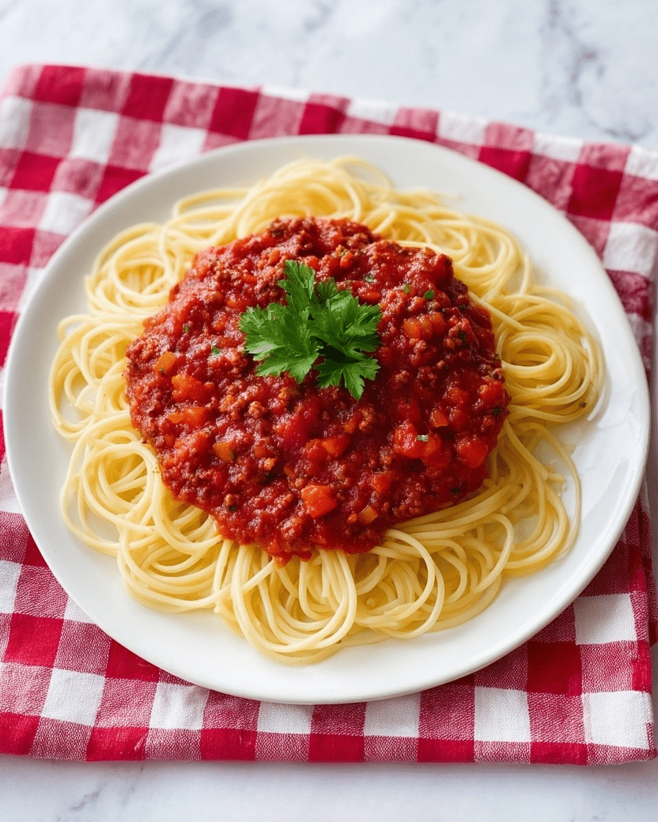 A white plate holds a serving of spaghetti arranged in a loose circular shape with a light yellow color and smooth texture. On top, there is a thick layer of rich red pepperoni sauce containing small chunks of pepperoni pieces and bits of green herbs, giving it a slightly rough texture. A small, green parsley leaf is placed at the center as a garnish, adding a fresh pop of color. The plate is set on a red and white checkered cloth, with a white marbled surface beneath, creating a cozy and inviting presentation. Photo taken with an iphone --ar 4:5 --v 7