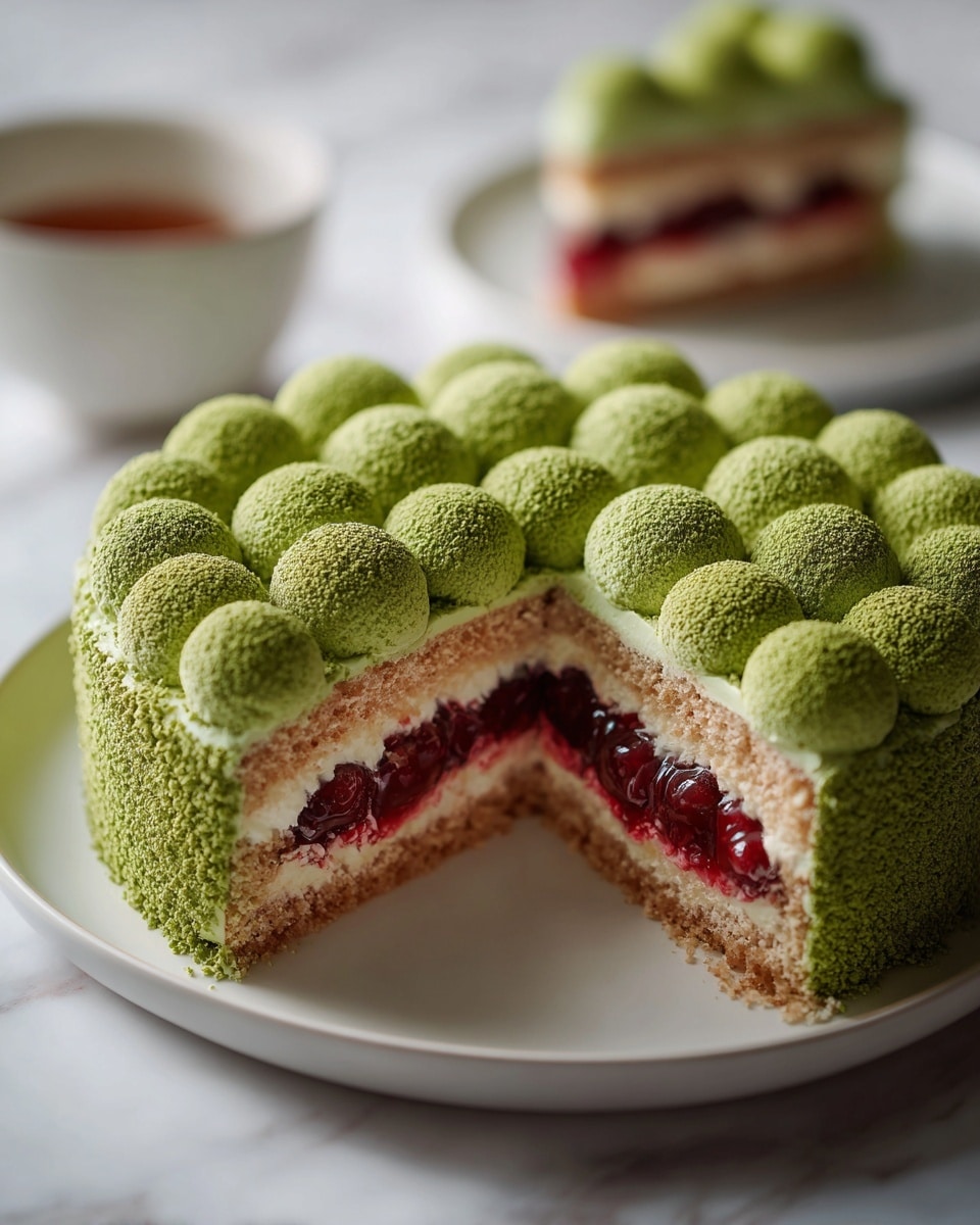 A round dessert with three visible layers sits on a white marbled surface. The bottom layer is light beige cake, followed by a bright red layer of fruit or jam, and topped again by another light beige cake layer. Above this is a thick layer of pale green cream shaped into small dollops that cover the entire top. The cream is sprinkled with fine green crumbs, adding texture and color contrast. A slice is removed from the round dessert, showing the layers clearly, with a matching small slice placed in a white bowl nearby. Photo taken with an iphone --ar 4:5 --v 7