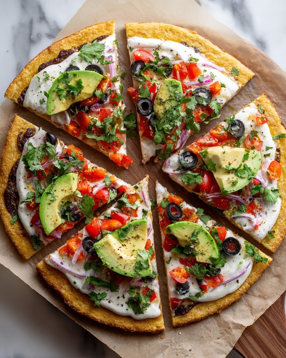 A pizza with five slices sits on a wooden board covered with parchment paper on a white marbled surface. The crust is golden and thick, topped with a dark brown layer of sauce. Each slice has a layer of melted cheese with scattered black olive slices and diced red tomatoes. Fresh green avocado slices, thin purple onion rings, and green cilantro leaves are spread on top. Some slices have a sprinkle of black pepper on the avocado. The pizza looks fresh and colorful with a mix of creamy, crunchy, and soft textures. Photo taken with an iphone --ar 4:5 --v 7