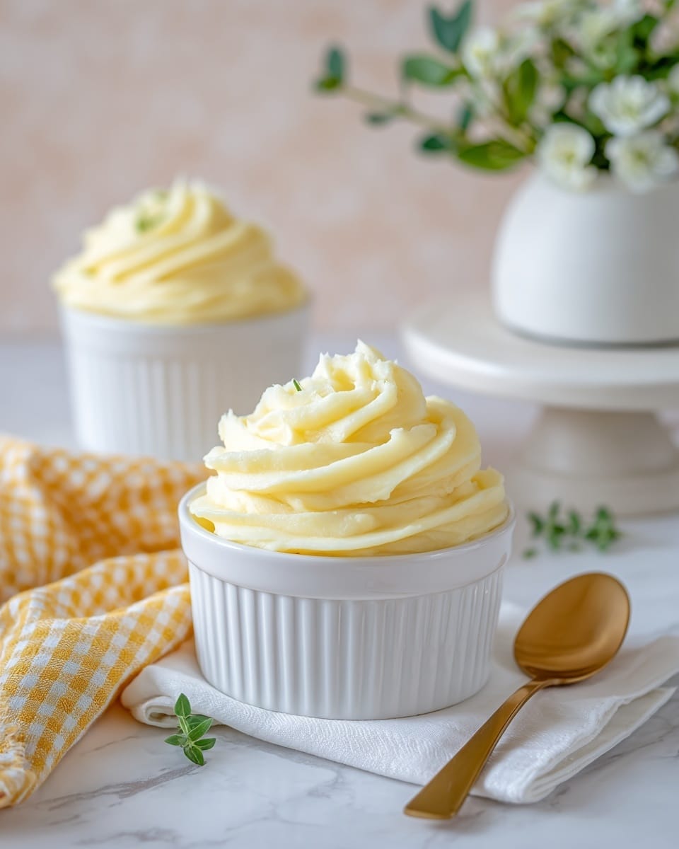 A white small round ceramic bowl filled with a tall swirl of creamy pale yellow mashed potatoes, showing soft, smooth, and slightly textured peaks. A silver spoon is inserted into the mashed potatoes on the left side of the bowl. The bowl sits on a white marbled surface, next to a yellow and white checkered cloth in the bottom left corner. The background is softly blurred with faint blue and yellow striped straws lying diagonally. photo taken with an iphone --ar 4:5 --v 7