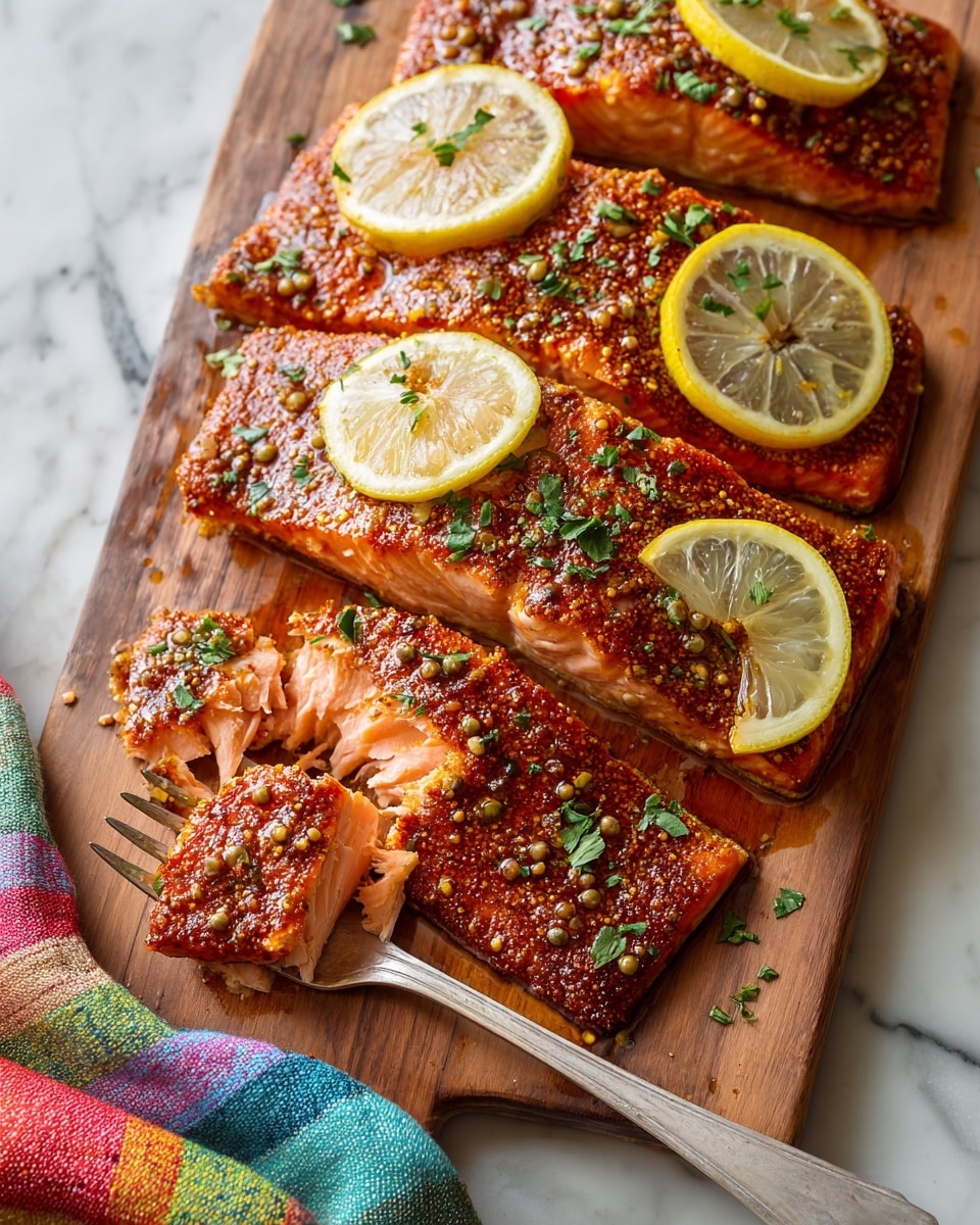 Four pieces of cooked salmon fillets are arranged in a row on a wooden board with a striped cloth underneath. Each fillet is topped with a thin lemon slice and sprinkled with finely chopped green herbs. The salmon has a golden-brown color with visible mustard seeds on the surface. The background shows a blurred wicker basket and some white dishes with a white marbled texture surface. photo taken with an iphone --ar 4:5 --v 7
