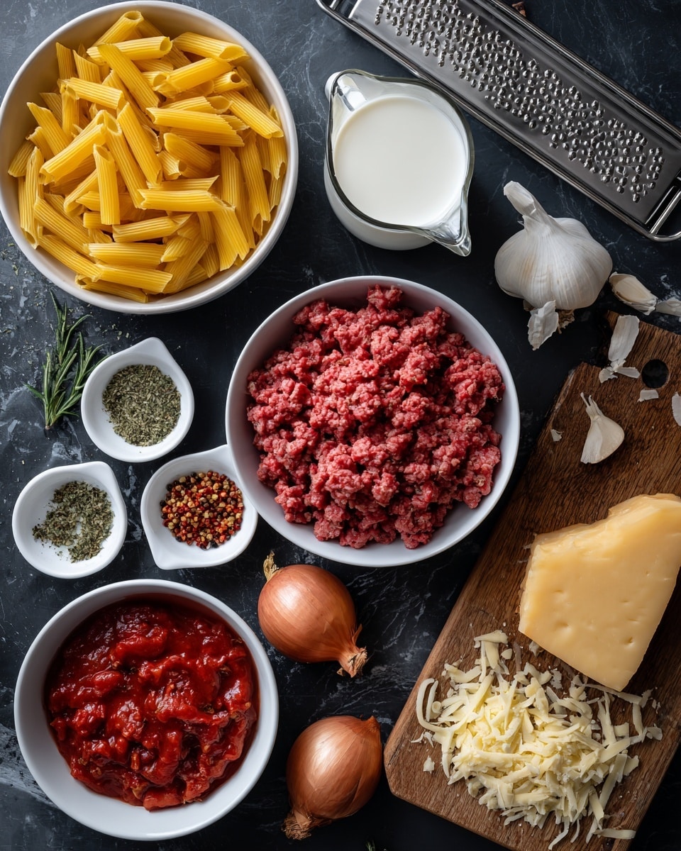 The image shows several ingredients arranged neatly on a dark surface. There is a white bowl filled with yellow uncooked penne pasta at the bottom center, and above it is another white bowl filled with red uncooked ground meat mixed with small bits of seasoning. Next to the meat is a white bowl containing chunky red canned tomatoes with sauce. Around these bowls are four small shallots with brownish-red skin placed near the center right. To the far right, a wooden cutting board holds a wedge of light yellow cheese with some cheese shreds scattered on and around it, next to a silver metal grater. Near the top right, there's a small clear glass pitcher filled with white milk or cream. Small white bowls containing green dried herbs and red pepper flakes are positioned on the left and top center areas. Several garlic cloves, some with skin on, lay near the top left. The whole setup is on a white marbled surface. photo taken with an iphone --ar 4:5 --v 7