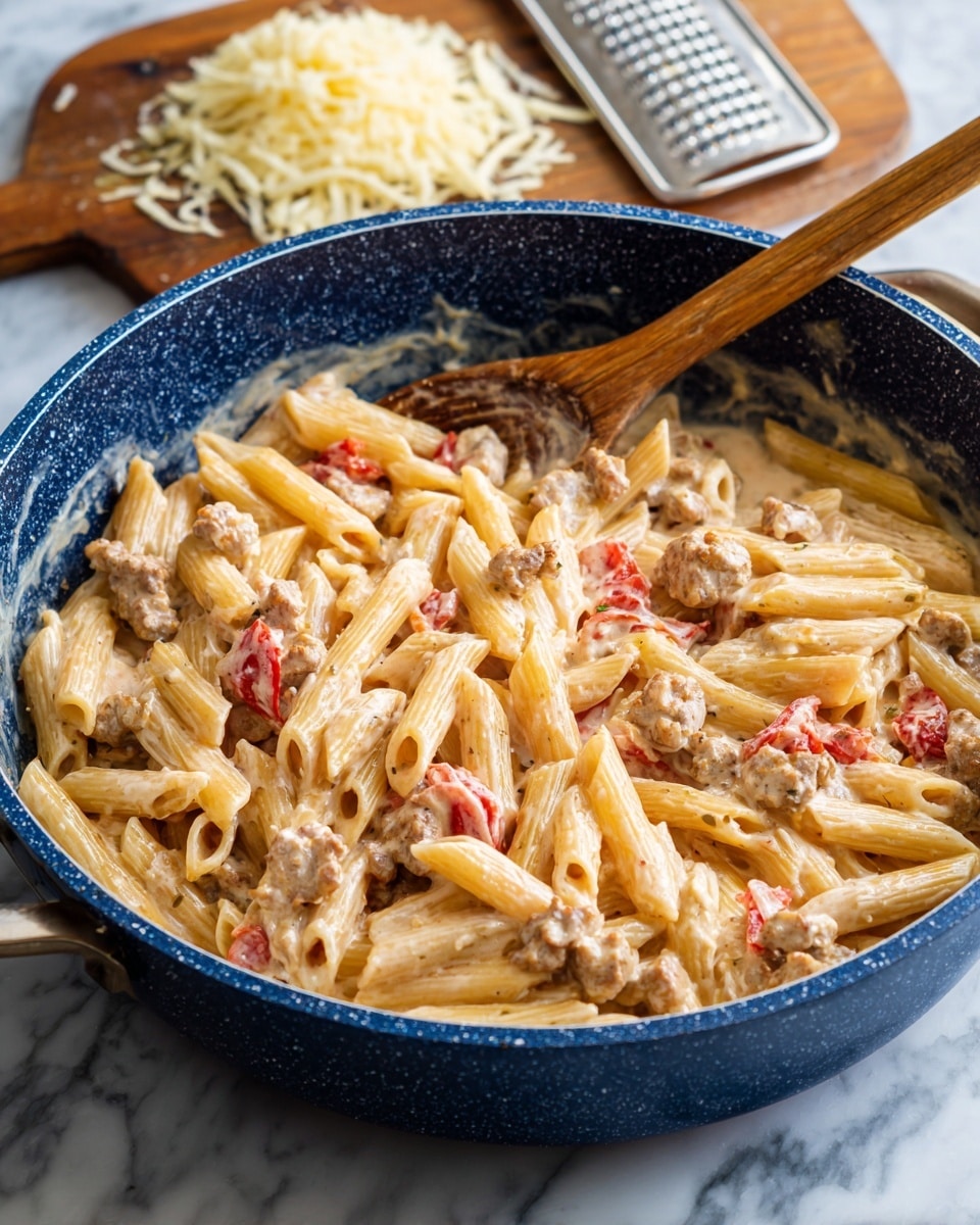 A white plate holds one layer of penne pasta mixed with small pieces of cooked ground meat and bits of tomato in a creamy sauce, topped with a light sprinkle of shredded cheese. Behind it, there is a white cutting board with one layer of shredded cheese, and to the left, two pieces of golden-brown toasted garlic bread stack on top of each other. In the background, a blue bowl filled with the same creamy meat and tomato pasta sits slightly out of focus, and a small bunch of fresh green basil leaves rests nearby on the white marbled surface. A fork is placed on the plate next to the pasta photo taken with an iphone --ar 4:5 --v 7