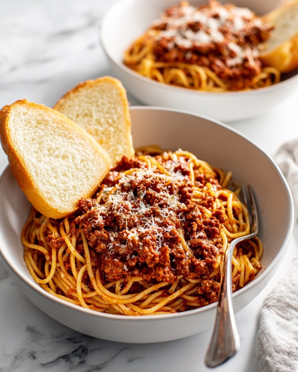 A white bowl filled with spaghetti mixed with a reddish-brown meat sauce, sprinkled lightly with grated cheese on top. Two thick slices of white bread rest on the side inside the bowl. A dark fork is placed on the right edge of the bowl. In the background, a second white bowl contains a similar spaghetti and bread combination, both bowls set on a white marbled surface. The lighting is soft and natural, highlighting the textures of the noodles, meat sauce, and bread. photo taken with an iphone --ar 4:5 --v 7
