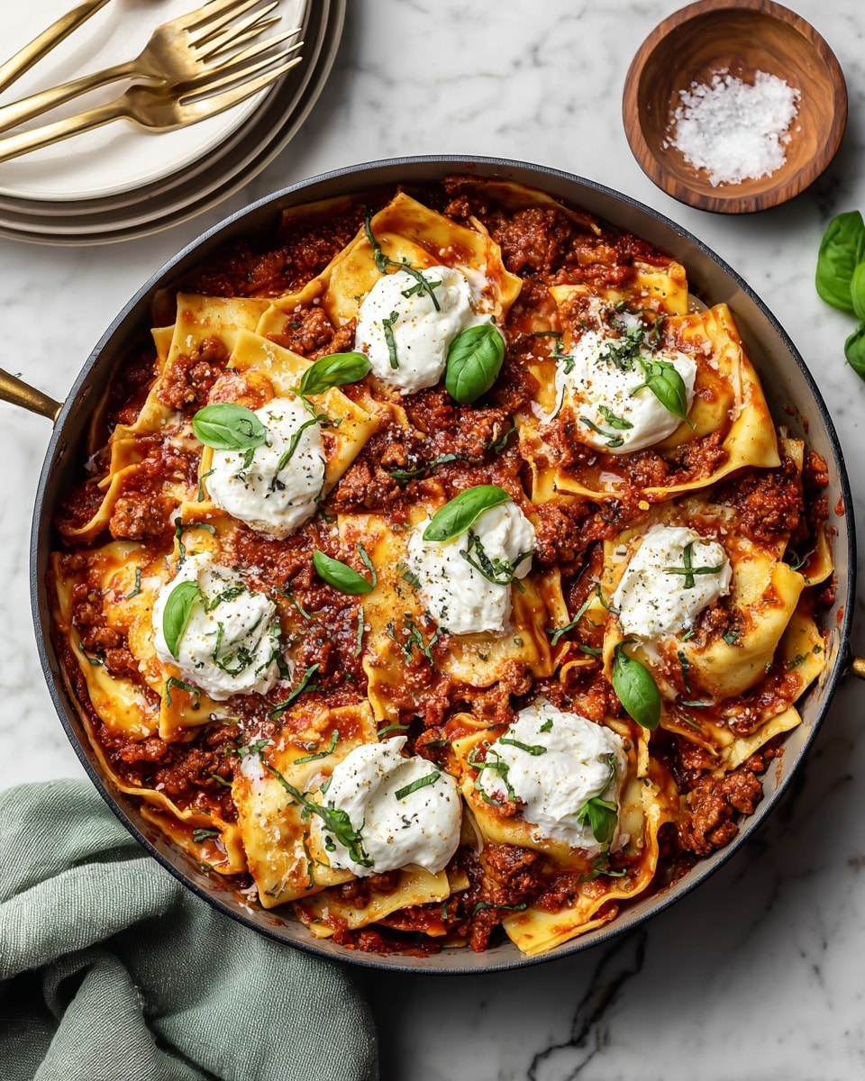 A large pan filled with wide flat pasta sheets mixed in a rich red tomato sauce with small bits of meat spread throughout. On top, there are seven dollops of white creamy cheese placed evenly across the surface. Fresh green basil leaves are scattered around the cheese, adding pops of color. The pan sits on a wooden board, with a green cloth near the bottom right. In the background, there is a small wooden bowl, two stacked white plates, and two gold forks resting on the top plate. The scene is set on a white marbled surface. photo taken with an iphone --ar 4:5 --v 7