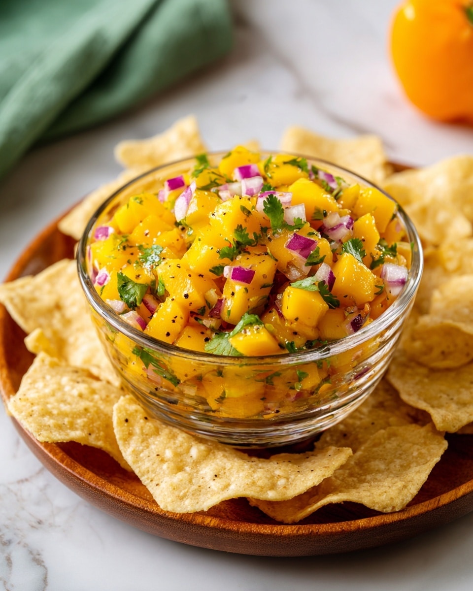 The image shows a white round plate with a wooden-style serving base, filled with crispy, light beige tortilla chips scattered around. In the middle, there is a clear glass bowl holding bright yellow and orange diced mango salsa mixed with small pieces of red onion, green cilantro, and tiny red bell pepper bits; the salsa has a fresh and juicy look with a slightly wet texture. The dish is placed on a white marbled surface with some blurred green cloth and lime, orange pepper, and cilantro leaves in the background. Photo taken with an iphone --ar 4:5 --v 7