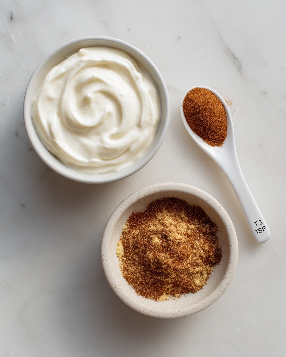 The image shows two white bowls placed on a white marbled surface. The bowl on the left is filled with smooth, creamy white yogurt with soft swirls on top, creating a thick texture. The bowl on the right contains a mix of spices with reddish-brown and yellow tones finely ground, along with a white ceramic spoon labeled