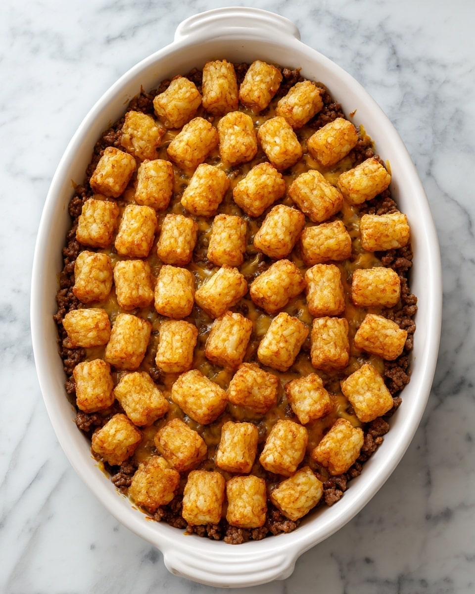 The dish is served in a white oval ceramic baking dish with handles on each end. The bottom layer consists of golden-brown tater tots arranged closely to cover the base. On top is a thick, creamy layer of light beige sauce with visible small dark specks, spread unevenly but covering most of the tots. A generous pile of shredded bright orange cheddar cheese is placed in the center, running lengthwise from one end of the dish to the other. The dish is set on a white marbled surface. photo taken with an iphone --ar 4:5 --v 7