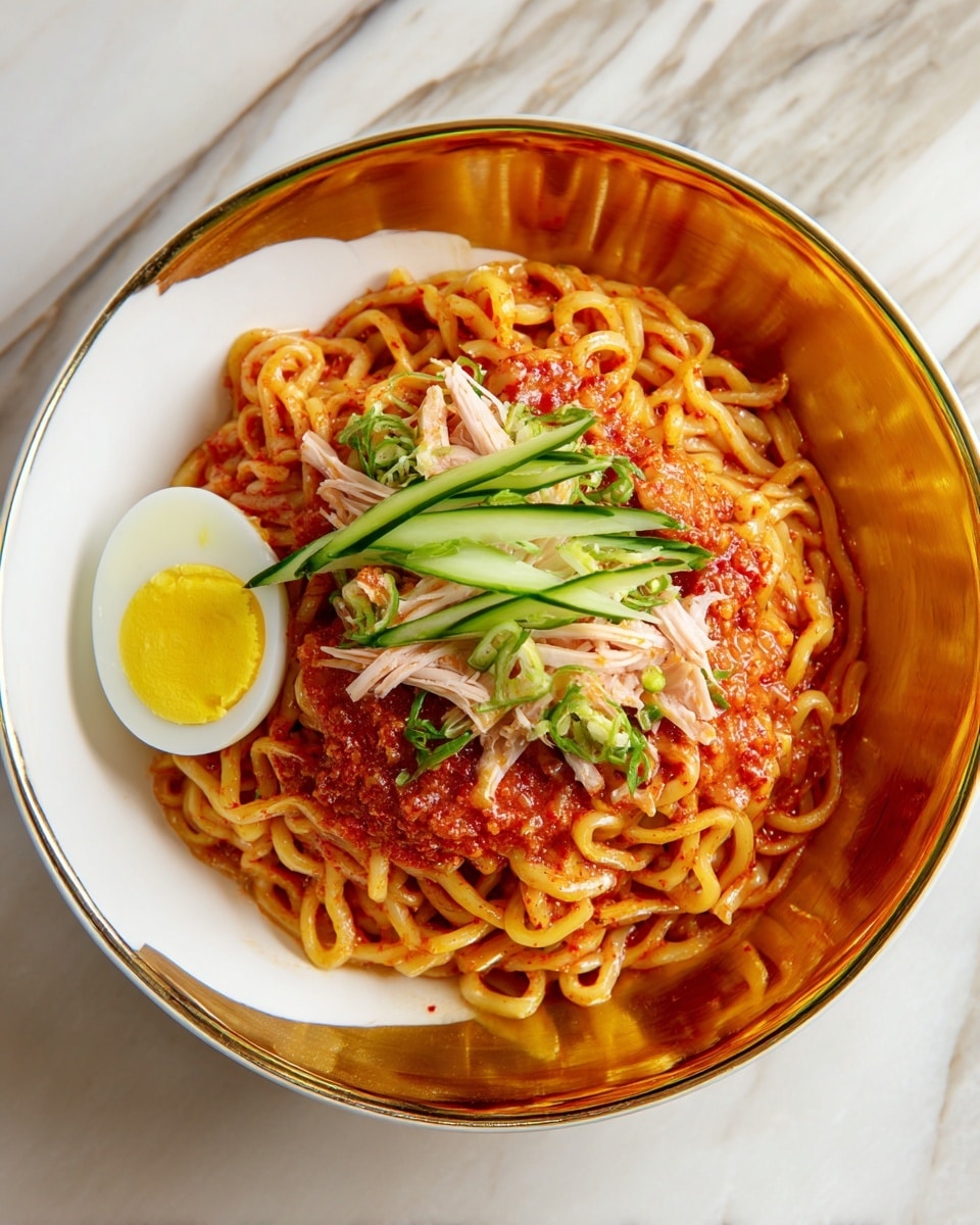 The dish shows noodles placed in a white bowl with a shiny gold inside. The noodles are mixed with a thick red sauce that covers almost the entire top. On top, there are three green cucumber strips arranged neatly in the center around a small pile of thin, light pink slices looking like meat or seafood, and a yellow half boiled egg resting on the edge of the noodles. The bowl is shown on a white marbled surface. photo taken with an iphone --ar 4:5 --v 7