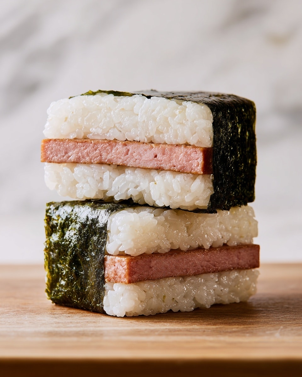The image shows two halves of a musubi stacked on a wooden surface, with a close-up view of their layers. Each musubi consists of three main layers: a base layer of pinkish-brown cooked meat, a thick middle layer of white sticky rice with visible grains, and a final outer wrap of dark green seaweed tightly holding the rice and meat together. The colors contrast well with the light wooden surface beneath and the soft, white marbled background behind. The texture of the rice appears plump and slightly sticky, while the meat looks firm yet tender. Photo taken with an iphone --ar 4:5 --v 7