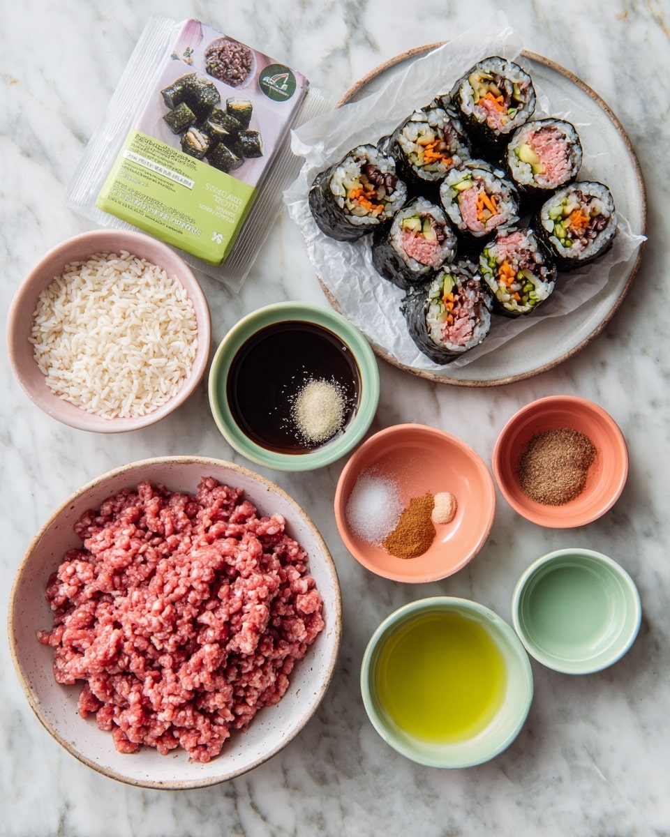 The image shows ingredients arranged on a white marbled surface, including a white bowl lined with parchment paper filled with raw ground meat that is reddish and slightly textured. Beside it, there is a small light pink bowl with short white rice grains. Above them, several small round bowls in different colors hold various seasonings: a dark green bowl with coarse salt, a peach bowl with two fine powders, a red bowl with brown sugar, a beige bowl with dark soy sauce, a light green bowl with clear liquid, and a mint green bowl with yellowish oil. At the top of the image, there is a package of laver for gimbap with an image of sliced seaweed rolls filled with rice and colorful vegetables on a white plate. photo taken with an iphone --ar 4:5 --v 7