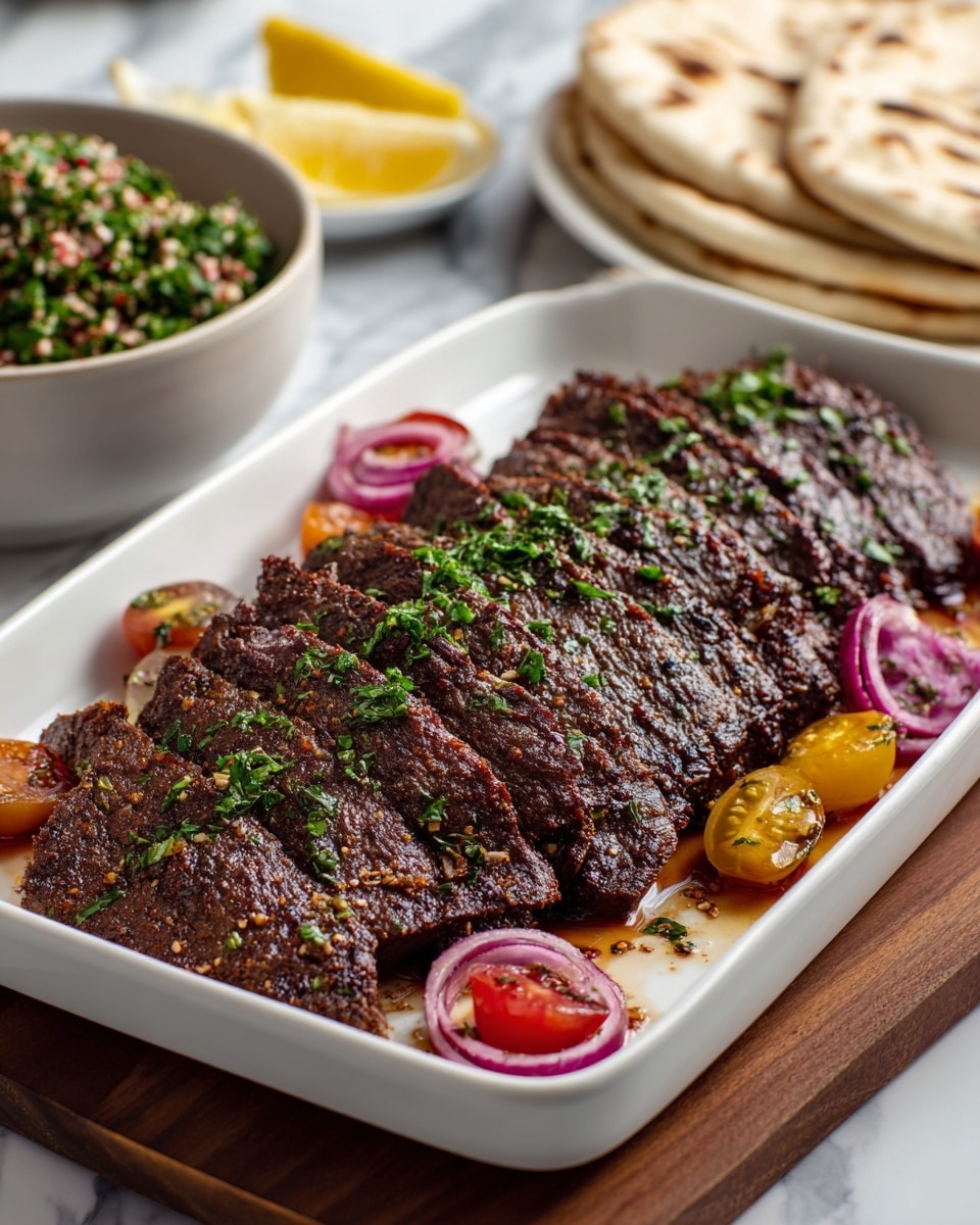 A white flatbread lies on a white plate with dark blue edges, partly folded, topped with two grilled meat skewers that are dark brown with slight char marks. Around the meat are layers of bright green lettuce, halved red and yellow cherry tomatoes, thin slices of purple onion, and white crumbly cheese scattered across. White sauce with a creamy texture and red sauce are drizzled over the toppings. On one side of the plate, there is a fresh green tabbouleh salad mixed with chopped tomatoes and bulgur. A fork rests on the edge alongside some additional cherry tomatoes. In the background, half a white bowl with green tabbouleh and a plate with lemon wedges sits on a white marbled surface with a reddish cloth nearby. Photo taken with an iphone --ar 4:5 --v 7