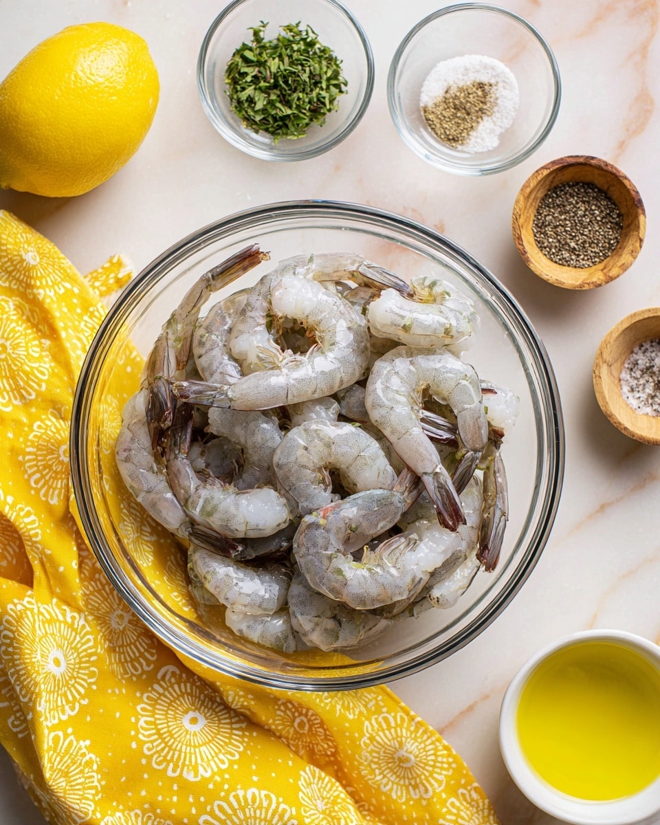 A clear glass bowl sits on a white marbled surface, filled with raw shrimp that are grayish-white with a slight sheen and some translucent parts, arranged loosely inside. Around the bowl, there are small glass bowls with light green chopped herbs, beige granulated seasoning, and black pepper seeds. A bright yellow lemon and a small white bowl with bright yellow oil rest nearby on the table. A yellow cloth with white circular patterns is spread out in the corner of the scene. The photo was taken with an iphone --ar 4:5 --v 7