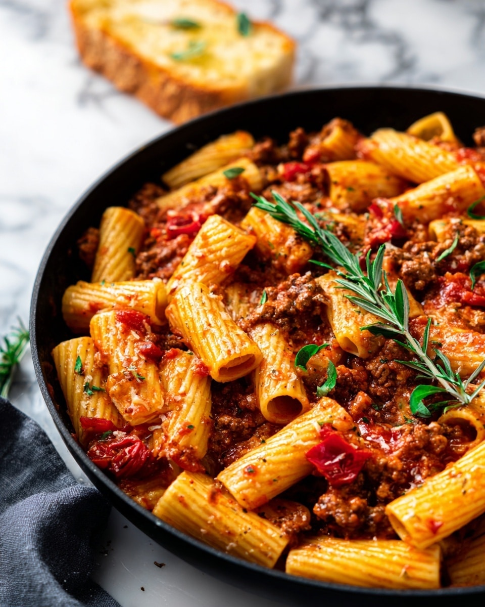 The image shows a black pan filled with rigatoni pasta mixed with a thick red sauce containing small pieces of ground meat and diced red bell peppers. The pasta is coated evenly with the sauce, giving it a glossy texture, and is topped with thin strips of fresh green basil scattered over the dish. The pan sits on a white marbled surface with an out-of-focus background, and a bright orange cloth is partly visible under the pan. photo taken with an iphone --ar 4:5 --v 7
