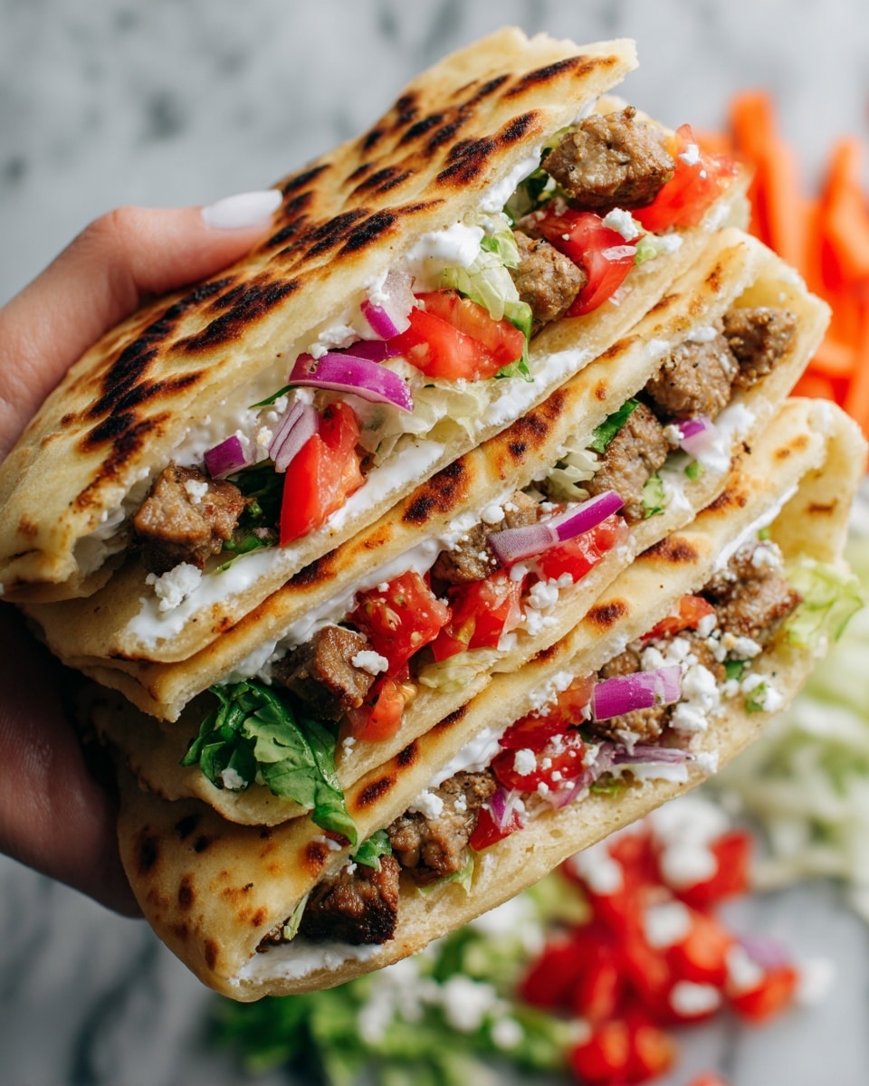 The dish shows one large, round flatbread with a light golden brown and slightly charred texture on the bottom layer, served on a white plate. On top of the flatbread, there is a thick white sauce spread unevenly, with a creamy texture. Above the sauce, there are many pieces of grilled, brown chicken with some darker grill marks, arranged toward the center. On one side of the flatbread, there is a mix of fresh green lettuce leaves, small white chunks of cheese, red tomato pieces, and thin purple onion slices spread lightly. A small yellow lemon wedge rests on the edge near the vegetables. The whole dish sits on a white marbled surface with a wooden spoon and some onion slices nearby. Photo taken with an iphone --ar 4:5 --v 7