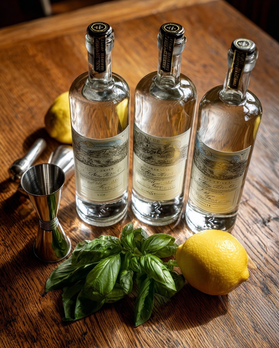 The image shows three tall bottles of clear alcohol with labels, arranged side by side on a wooden surface. In front of the bottles is a bright yellow lemon and a small bunch of fresh green basil leaves placed next to a shiny silver jigger cup. The wooden surface has a warm tone, with the bottles reflecting light, showing clear and bright glass. The setting is clean and simple, with everything neatly arranged in a row. photo taken with an iphone --ar 4:5 --v 7