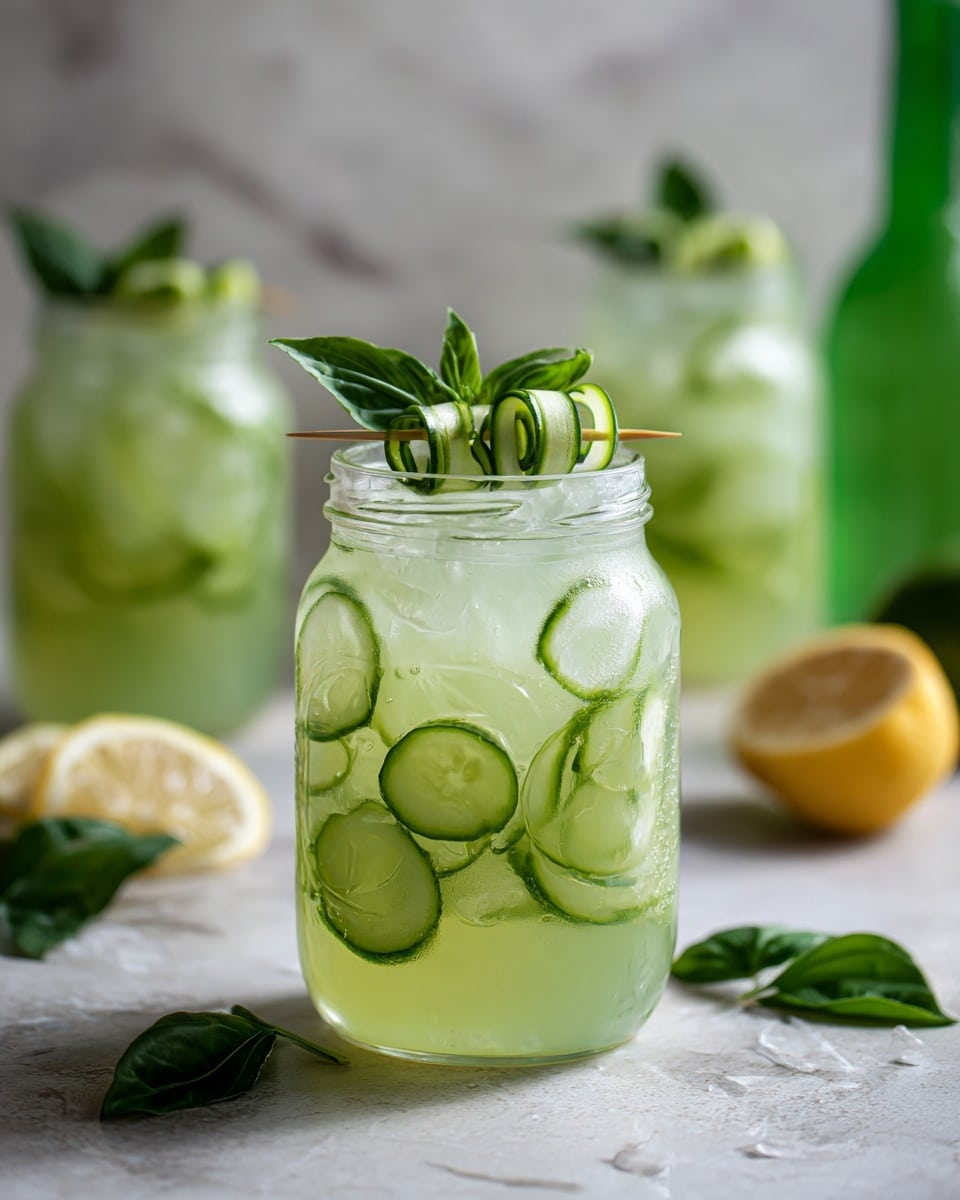 Three clear glasses filled with light green liquid and ice cubes sit on a white marbled surface. Each glass is garnished on top with bright green fresh basil leaves. Thin green cucumber ribbons float inside the drinks. Near the glasses, there are green cucumber pieces on small wooden sticks and halved yellow lemons. The rims of the glasses have a green seasoning coating. The photo was taken with an iphone --ar 4:5 --v 7